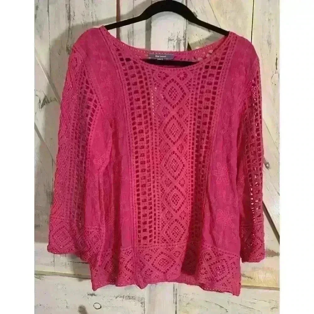 Anthropologie Blue Tassel Fuschia Pink Blouse Size S Crochet Embroidered NWT $88